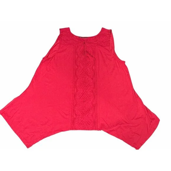 Adrianna Papell Size L Red Keyhole Embroidered Sharkbite Tunic Top Luxury City - Picture 6 of 10